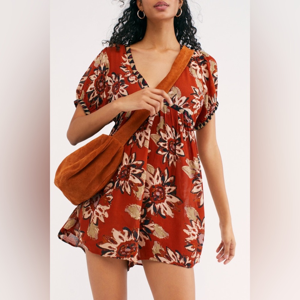Free People Burnt Orange Floral On The Edge Romper Size Large